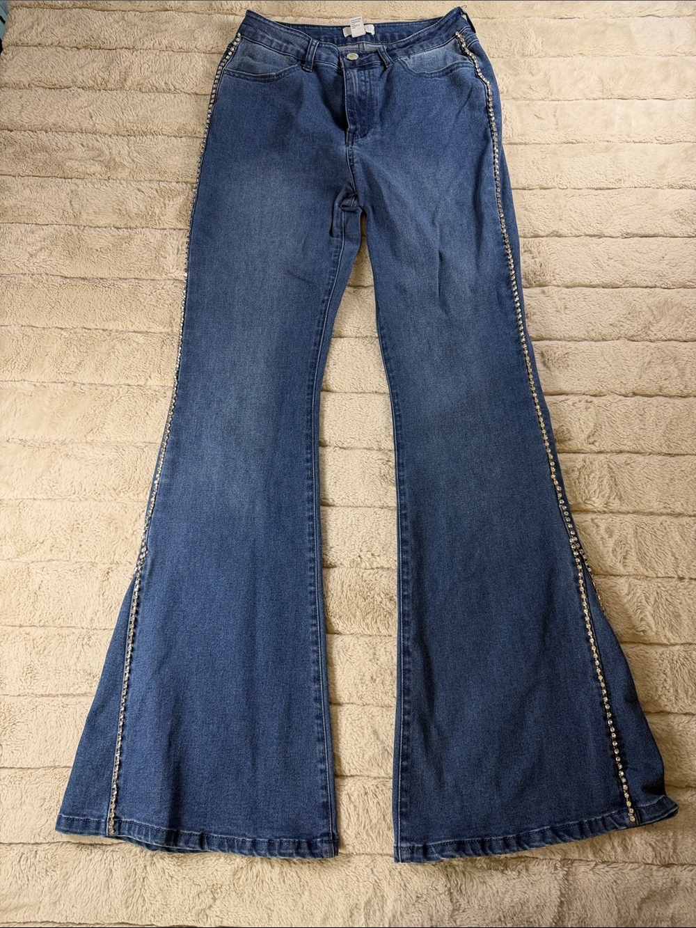 Forever 21 Blue Denim Rhinestone Accent Flare or Bell Bottom Jeans, 27